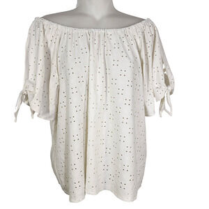 Vince Camuto Top Womens Large White Eyelet Cottagecore Short Slit Sleeve Ties